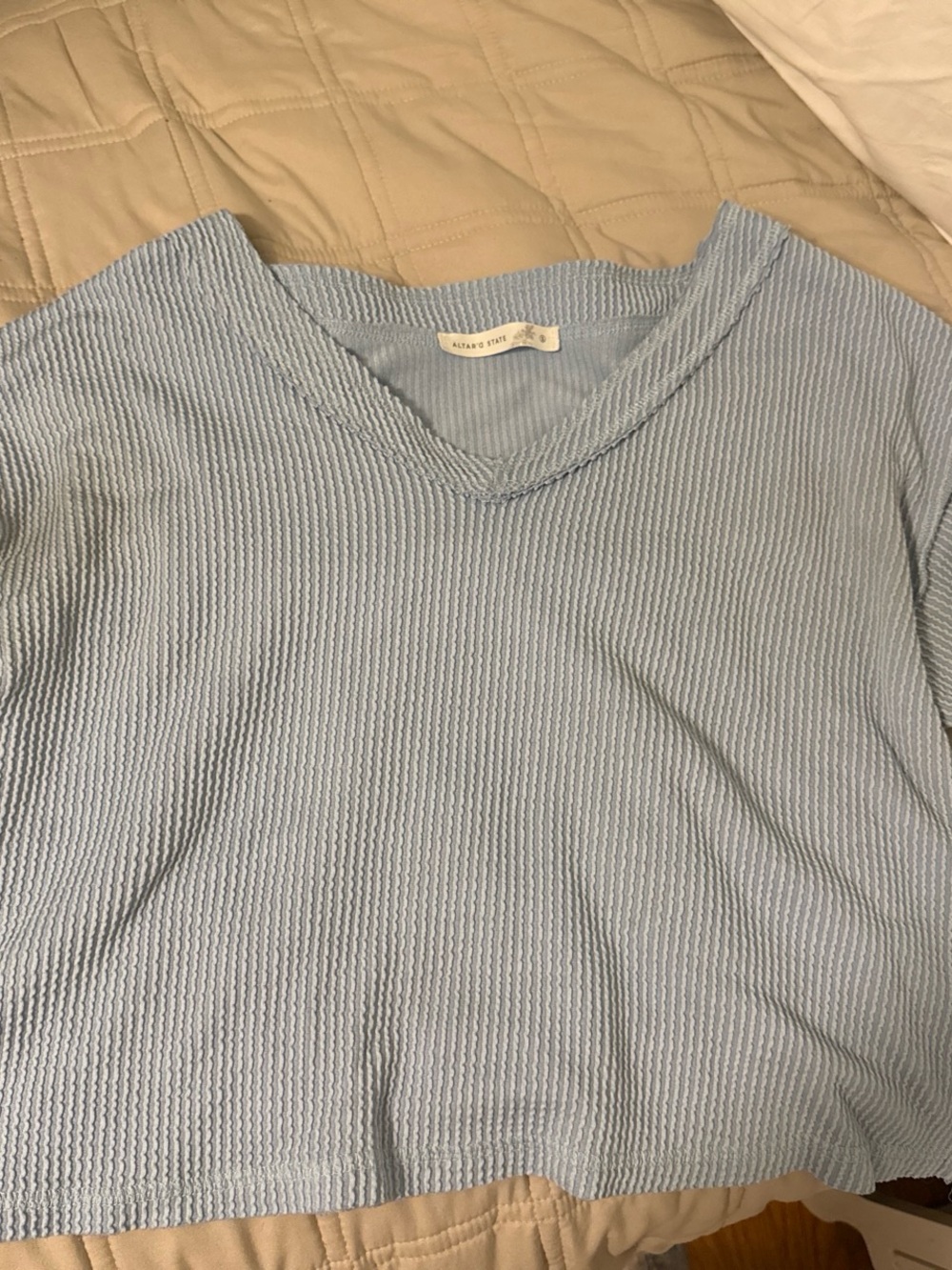 Altar’d State Light Blue Waffle Knit V-Neck Top